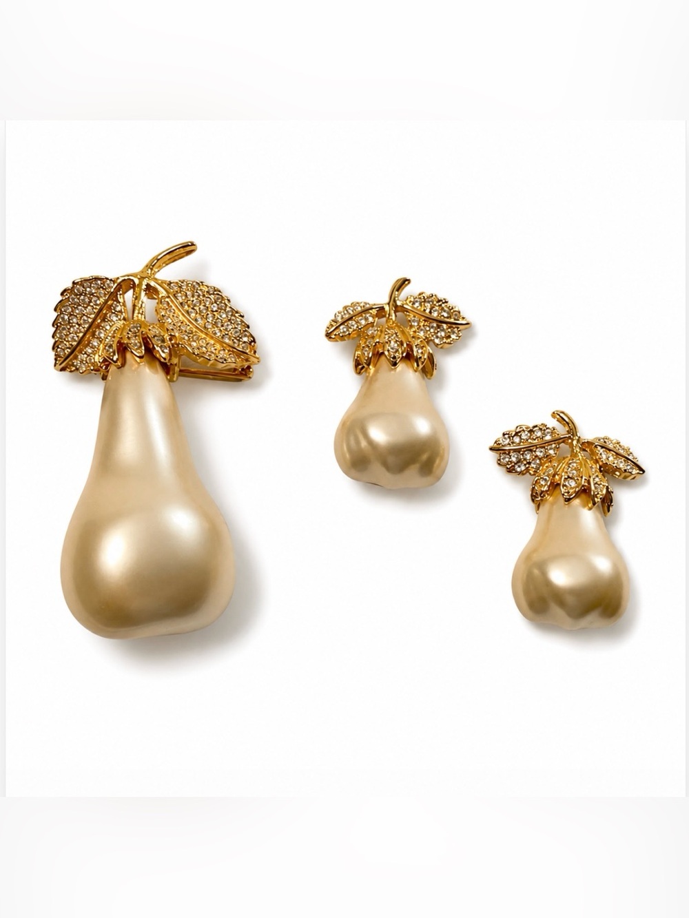Kenneth Jay Lane KJL Large Pearl Pear Crystals Leaf Gold Clip Earrings & Brooch - Picture 3 of 11